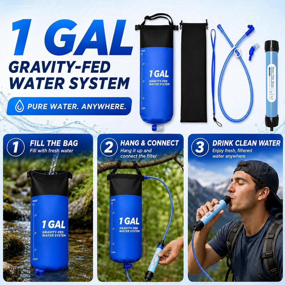 1. مجموعة فلتر مياه بالجاذبية  - مراجعة Outdoor Adventure Backpack وسعره